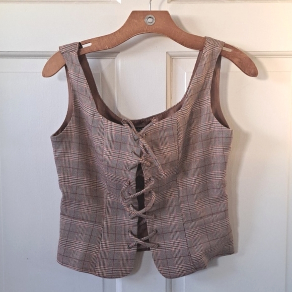 Scarlet Darkness Tops - Scarlet Darkness Plaid Lace-Up Corset Vest Top Lined Cottagecore Goth Y2k